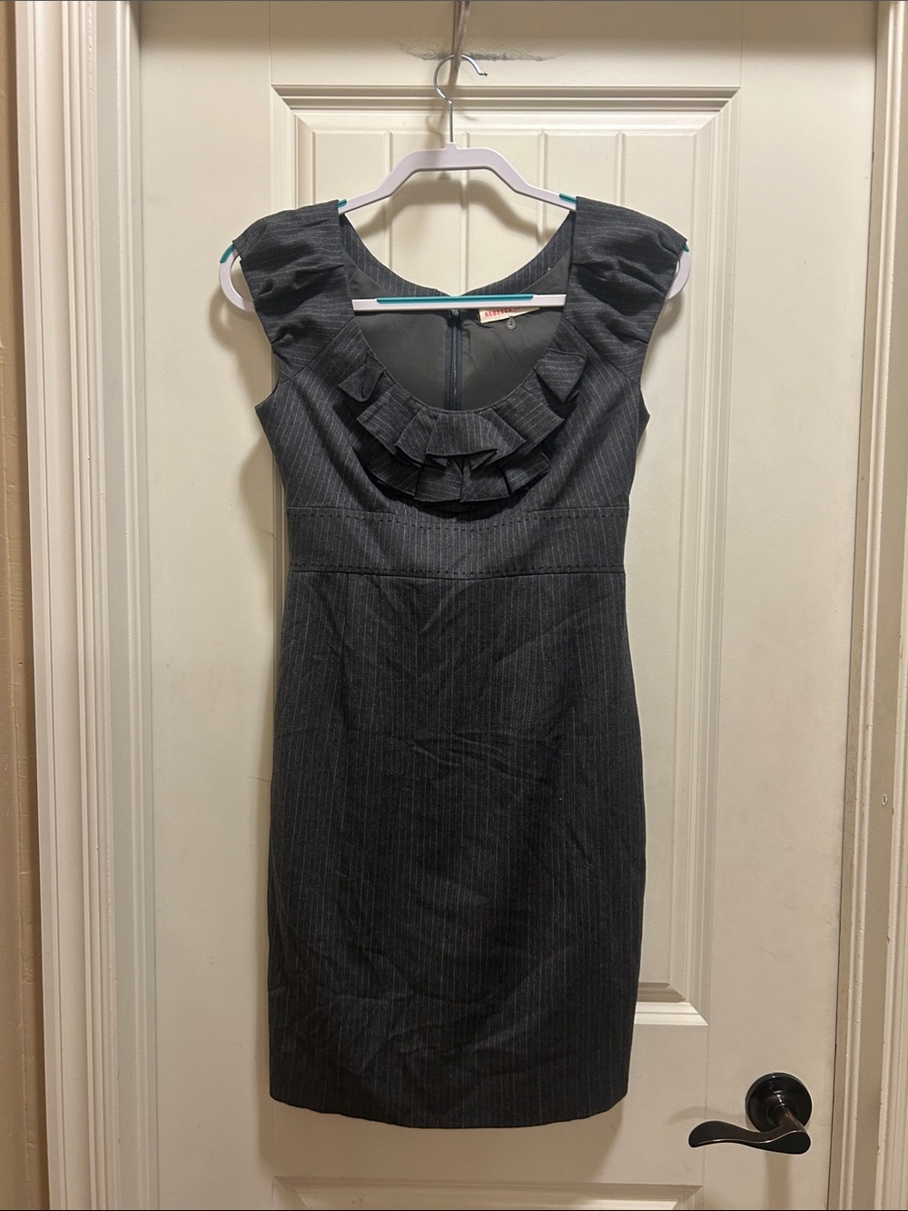 Rebecca Taylor Pinstripe Ruffle-Neck Midi Dress - Charcoal